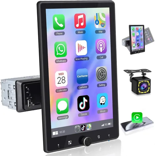 Radio DIN única de 10.4 pulgadas inalámbrica Apple CarPlay con pantalla táctil IPS HD 1280 x 800 giratoria, radio para automóvil Android Auto,