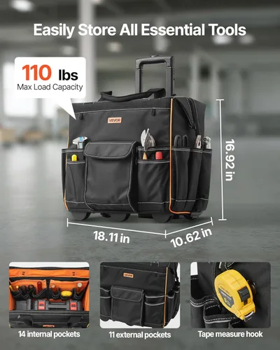Miniatura 2 de VEVOR Bolsa de herramientas rodante de 18", capacidad de carga de 110 lbs, 25 bolsillos, bolsa de herramientas rodante resistente con mango