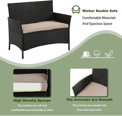 Miniatura 6 de PayLessHere Juego de muebles para patio, 4 piezas, de ratán para exteriores, sofá de mimbre para conversación de jardín, con cojín suave y mesa