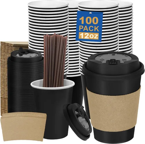 Miniatura 20 de Paquete de 100 tazas de café desechables de pared ondulada corrugada de 16 onzas con tapas y pajitas, tazas aisladas resistentes para bebidas