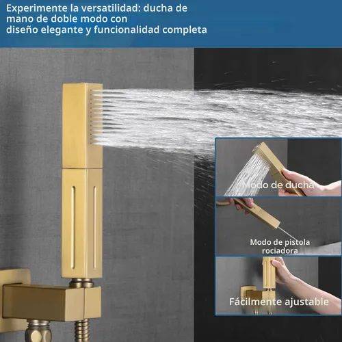 Miniatura 4 de Sistema de ducha termostático dorado cepillado, grifo de ducha desviador de botón con 2 en 1 de mano, cabezal de ducha de 12 pulgadas de montaje