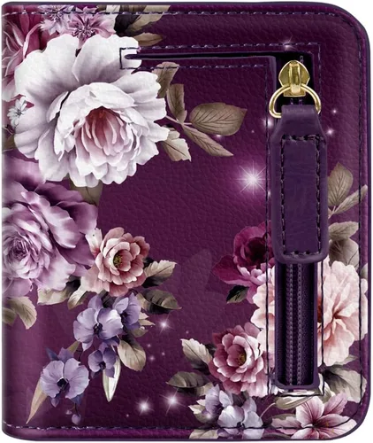 Miniatura 21 de Cartera pequeña con bloqueo RFID para mujer, con bolsillo plegable y compacto, lindo soporte para tarjetas de crédito, ranura para monedas, monedero