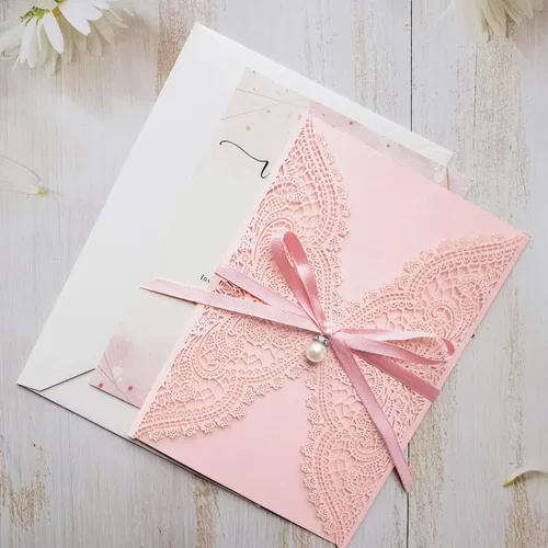 Miniatura 5 de 50 tarjetas de invitaciones de boda de encaje rosa con cintas y sobres para boda, despedida de soltera, compromiso, invitaciones de cumpleaños