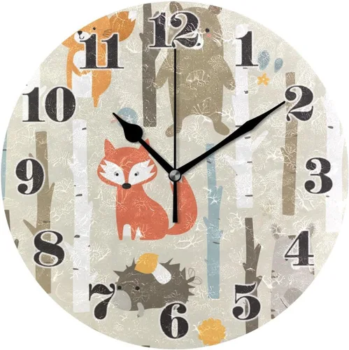 senya Reloj de pared silencioso sin tictac, redondo y divertido reloj de arte de zorro para el hogar, dormitorio, oficina, fácil de leer
