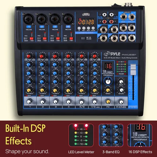 Miniatura 4 de Pyle - Mezclador de audio profesional, tablero de sonido, consola de mesa, sistema de interfaz de 8 canales, USB digital, Bluetooth, MP3, entrada