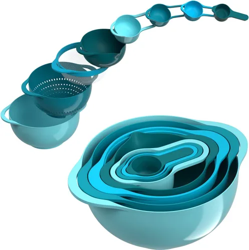 Juego de 8 tazones de mezcla de plástico para anidar, accesorios de cocina para apartamentos que ahorran espacio, incluye tazas medidoras, colador