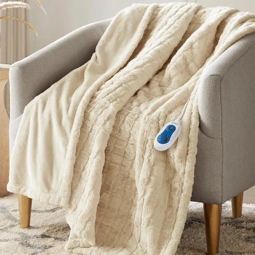 Miniatura 18 de Beautyrest Zuri - Poncho manta eléctrica reversible de piel sintética de leopardo de las nieves a visón, ponible, apagado automático, prácticamente