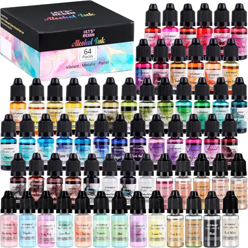 LET'S RESIN Juego de 64 tintas de alcohol concentrado, 9 colores pastel y 9 colores vibrantes metálicos a base de alcohol para resina epoxi, tinte