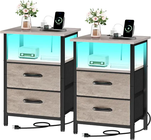 Miniatura 12 de Vagusicc Nightstand with Charging Station, End Table Bedside Table with 2 Fabric Drawers, Black Night Stand with USB Ports & Outlets, 24.2" Tall Bed