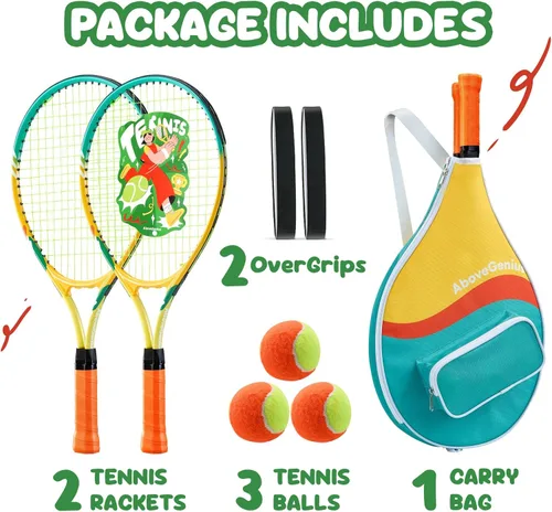 Miniatura 6 de AboveGenius Juego de raquetas de tenis para niños, raqueta de tenis de 21/23/25 pulgadas para niños pequeños, kit de iniciación, 3 bolas, 2 raquetas
