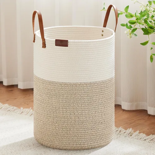 Miniatura 23 de VIPOSCO Cesta alta para ropa sucia, cesta grande para ropa sucia con mango de cuero, cesta de almacenamiento de cuerda tejida para manta, juguete