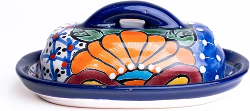 Miniatura 13 de Cuenco para Mantequilla de Cerámica Talavera con Tapa Pintada a Mano, Auténtica Cerámica Mexicana de Cocina, Diseño Floral (Rojo)
