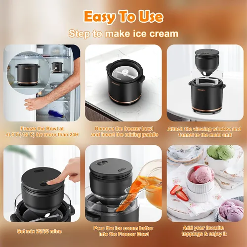 Miniatura 6 de BRIOBITE Máquina de Helados de 1.1 Cuartos - Máquina Eléctrica de Helados para Gelato, Batidos y Sorbete, Perfecta para 2-3 Porciones, Fácil de Usar
