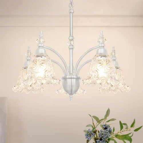 Miniatura 9 de Candelabro vintage de latón – Lámpara de comedor de altura ajustable con vidrio soplado hecho a mano – Base E26 de 5 luces, ideal para cocina
