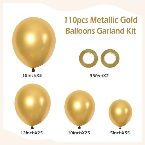 Miniatura 2 de FOTIOMRG - Kit de guirnalda de globos dorados metálicos de 110 piezas, globos de látex cromados de oro de 18/12/10/5 pulgadas de diferentes tamaños