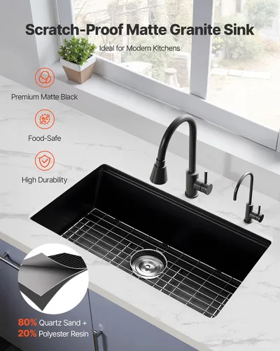 Miniatura 2 de VEVOR Fregadero de cocina de 33 pulgadas, fregadero de granito de montaje superior, lavabo de granja de un solo tazón con múltiples accesorios