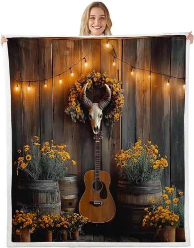 Miniatura 30 de Cowboy Boots Blanket Bohemia Musical Guitar Throw Blanket for Kids Western Rustic Cowgirl Super Soft Wrinkle Sherpa Blanket Music Notes Print 40x50