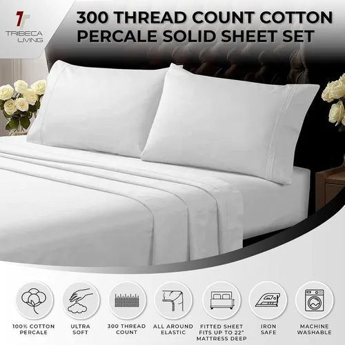 Miniatura 3 de Tribeca Living Juego de sábanas y fundas de almohada de algodón percal de algodón fresco y suave, bolsillo extra profundo, 300 hilos, ropa de cama
