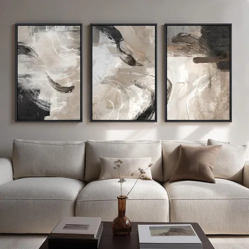 Miniatura 35 de Arte de pared abstracto neutro con marco grande para sala de estar, 3 piezas, impresiones modernas en lienzo para paredes, cuadros negros y beige