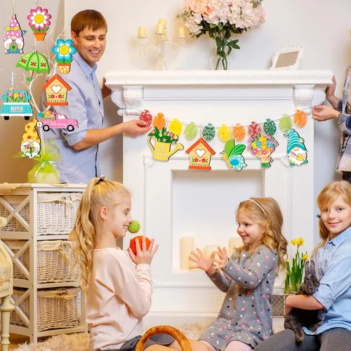 Miniatura 2 de Ferraycle 36 adornos de flores de primavera, adornos florales para árbol de Pascua, tulipanes de madera para colgar, decoraciones de gnomos