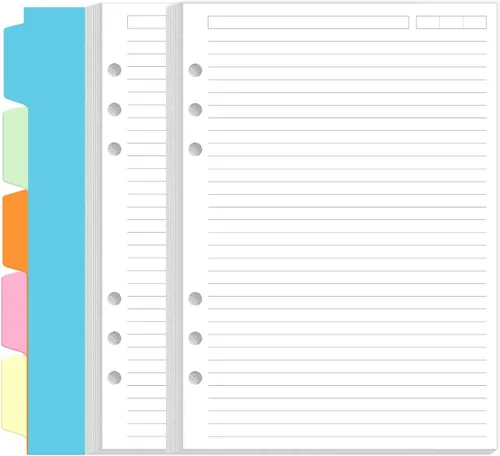 Miniatura 10 de Paquete de 2 recambios de papel rayado A6 para carpeta personal Filofax, 160 hojas/320 páginas de papel con 5 separadores de carpetas coloridos