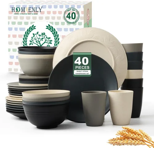 Miniatura 30 de Homienly Juegos de Vajilla Premium de Paja de Trigo, Platos y Tazones Ligeros e Irrompibles, Tazas, Servicio para 4, Apto para Lavavajillas