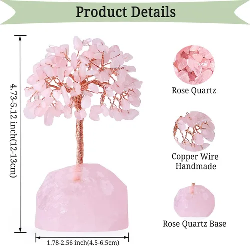 Miniatura 5 de DUQGUHO Árbol de cristal de cuarzo rosa, decoración rosa de cristal curativo, decoración de árbol de piedra preciosa de reiki de la suerte, regalos