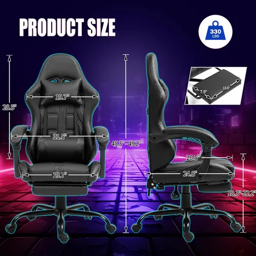 Miniatura 3 de Silla de masaje para juegos con reposapiés, silla ergonómica de PC con respaldo alto con reposacabezas y lumbar, silla giratoria de PU para Negro