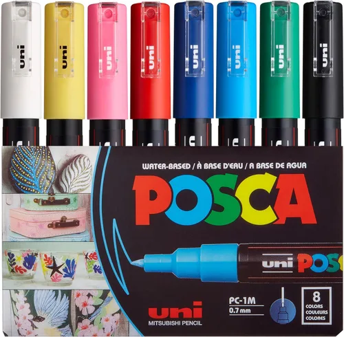 uni POSCA PC-1M - Marcadores de pintura a base de agua, punta extrafina (0.028 in), colores surtidos, paquete de 8