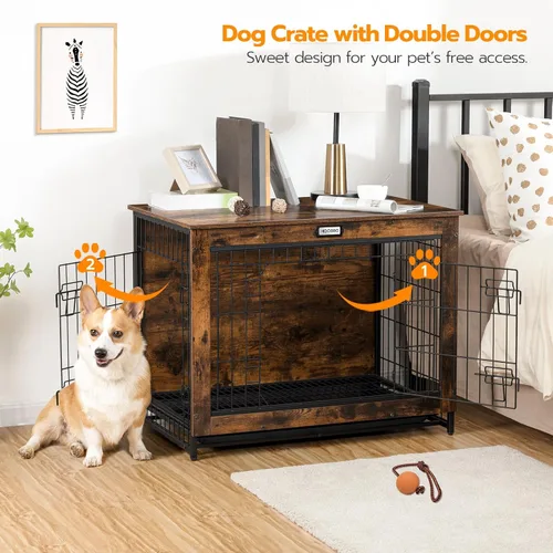 Miniatura 2 de HOOBRO Mueble de jaula para perros, perrera mediana de 32.5 pulgadas para interiores, jaula de madera con bandeja extraíble, mesa auxiliar lateral
