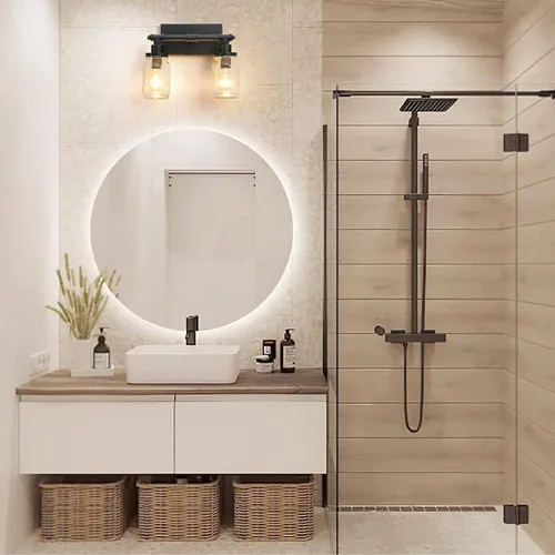 Miniatura 3 de Lámpara de tocador de baño de 2 luces, lámpara de baño negra, aplique de pared industrial de granja con pantallas de vidrio, lámpara de tocador