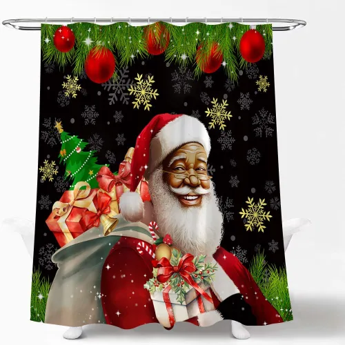 Miniatura 2 de Cortina de ducha afroamericana de Papá Noel negro retro amable anciano feliz Navidad bola regalo copos de nieve invierno feliz año nuevo cortina