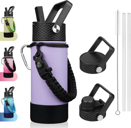 Miniatura 53 de BJPKPK - Botella de agua con tapa de popote, botellas de agua aisladas de 18 onzas con 3 tapas, asa de cuerda de paracaídas y base antideslizante
