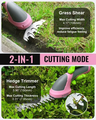 Miniatura 3 de WORKPRO - Cizalla manual 2 en 1 para césped, setos y arbustos, inalámbrica, de 7.2 V, cizalla eléctrica con batería de litio recargable, incluye Rosa