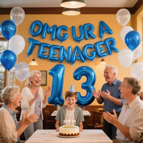 Miniatura 3 de Decoraciones de cumpleaños número 13 azul para niños, pancarta OMG UR A Teenager Happy 13th Birthday Banner número 13 globos de papel de aluminio
