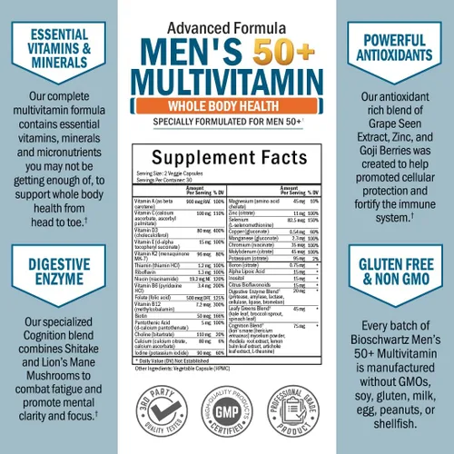 Miniatura 3 de Once Daily Multivitamínico para hombres de 50 años o más, suplemento para apoyo a la salud cardíaca, con vitaminas de zinc, A, B, C, D3, E