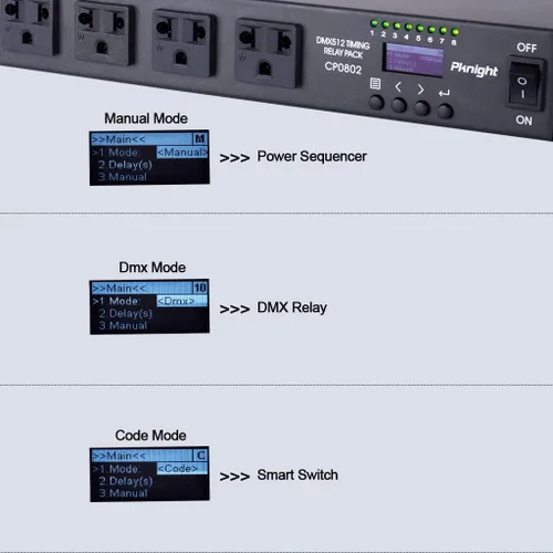 Miniatura 5 de Pknight Relé PDU DMX inteligente de 8 tomas - Secuenciador de potencia programable con control DMX512, control remoto RS485, unidad de distribución