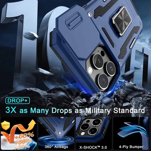 Miniatura 19 de DEERLAMN Funda para iPhone Xs Max con funda deslizante para cámara + protector de pantalla, soporte giratorio de anillo de grado militar a prueba
