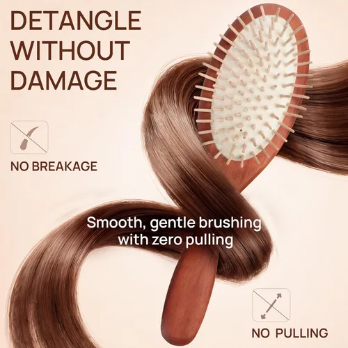 Miniatura 2 de Cepillo de madera natural para mujer, cepillo de cerdas de madera antiroturas con mango de madera de pera, masaje suave del cuero cabelludo