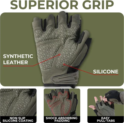 Miniatura 2 de HANDLANDY Guantes tácticos de impacto sin dedos para hombre, guantes de trabajo con agarre acolchado de medio dedo, guantes de conductor de Verde