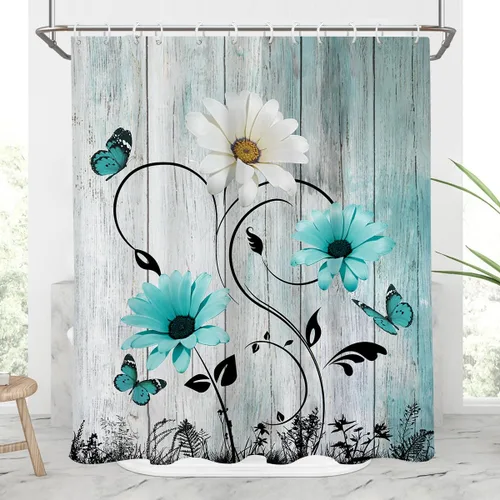 Miniatura 16 de AAtter Cortina de ducha floral azul rústica boho gris blanco amarillo margarita naturaleza negro botánico telón azul verdoso turquesa tela única