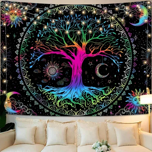 Kanuyee Tapiz de pared con diseño de árbol de la vida, mandala, estrella y luna y galaxia, color negro para decoración de habitación (50 pulgadas de