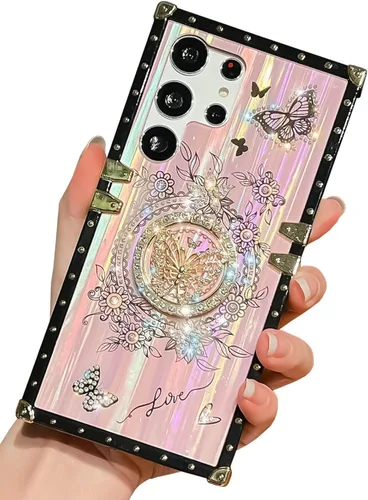 Miniatura 71 de Bonita funda compatible con Samsung Galaxy S22 Ultra, soporte plegable de lujo con diseño de mariposa brillante para mujeres y niñas, funda Blanco