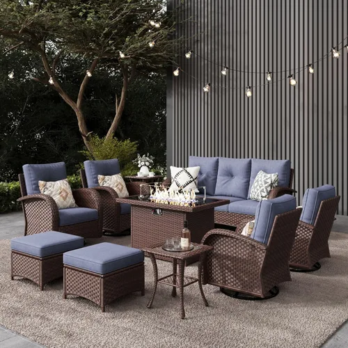 Miniatura 33 de LayinSun - Juego de 10 piezas de muebles seccionales de patio para el aire libre con mesa para fogata, juegos de sillas giratorias reclinables