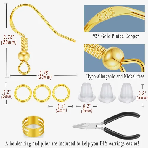 Miniatura 4 de MAIBAOTA Ganchos de Oro para Aretes para Hacer Joyas, 602 Piezas de Ganchos de Aretes Chapados en Oro Hipoalergénicos, Anillos de Salto, Accesorios