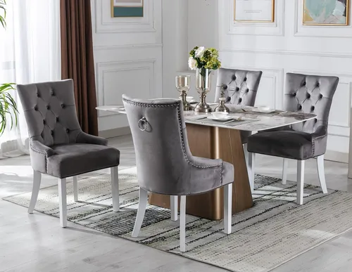 Miniatura 5 de Kmax Velevt - Juego de 2 sillas laterales tapizadas de mediados de siglo, modernas sillas decorativas con patas de madera blanca capitoné