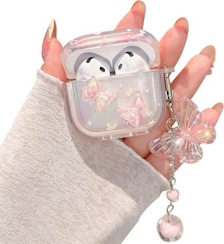 Miniatura 9 de Funda para Airpod Pro 2, bonita mariposa con purpurina 3D con llavero de estrella, funda protectora de TPU transparente compatible con AirPods Pro