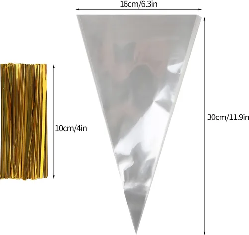 Miniatura 2 de LOMIMOS 100 bolsas de celofán en forma de cono de 6 x 12 pulgadas, bolsas de plástico triangulares transparentes con lazos coloridos para panadería