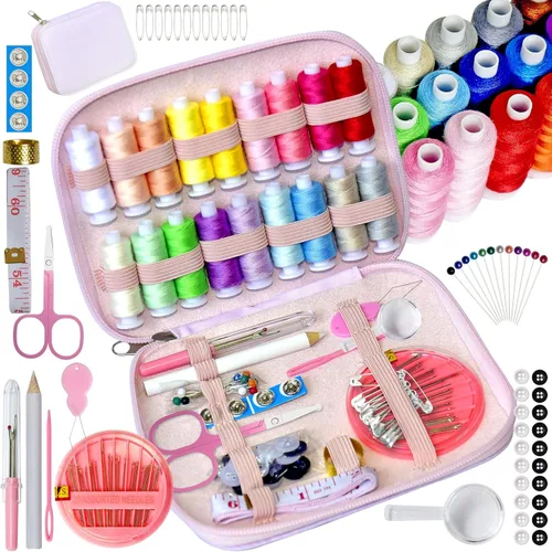 Miniatura 22 de Kit de costura con estuche, suministros de costura portátiles para el hogar, viajero, adultos, principiantes, emergencia, contiene 18 hilos