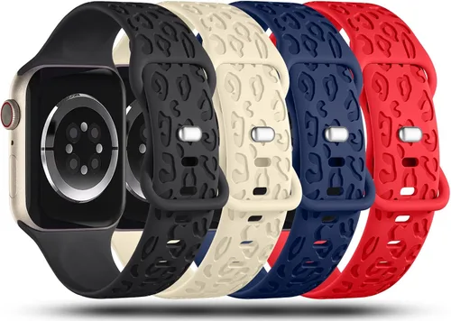 Miniatura 2 de CreateGreat - Paquete de 4 bandas grabadas con diseño de leopardo compatibles con Apple Watch para mujeres de 38mm 40mm 41mm 42mm 44mm 45mm 46mm